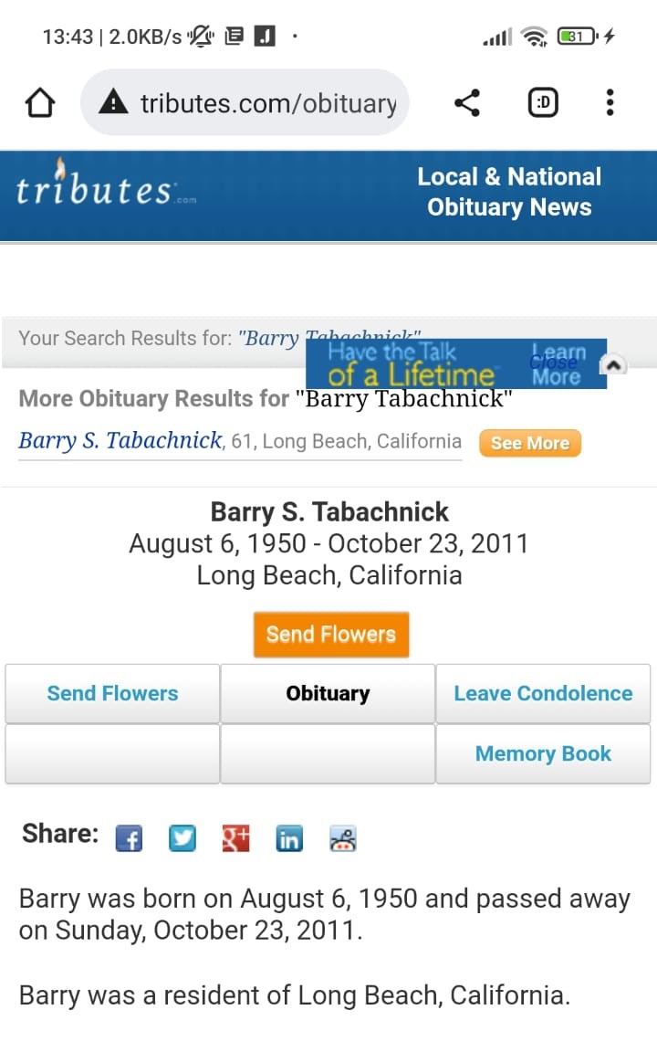 Barry Tabachnick died Oct 23 2011