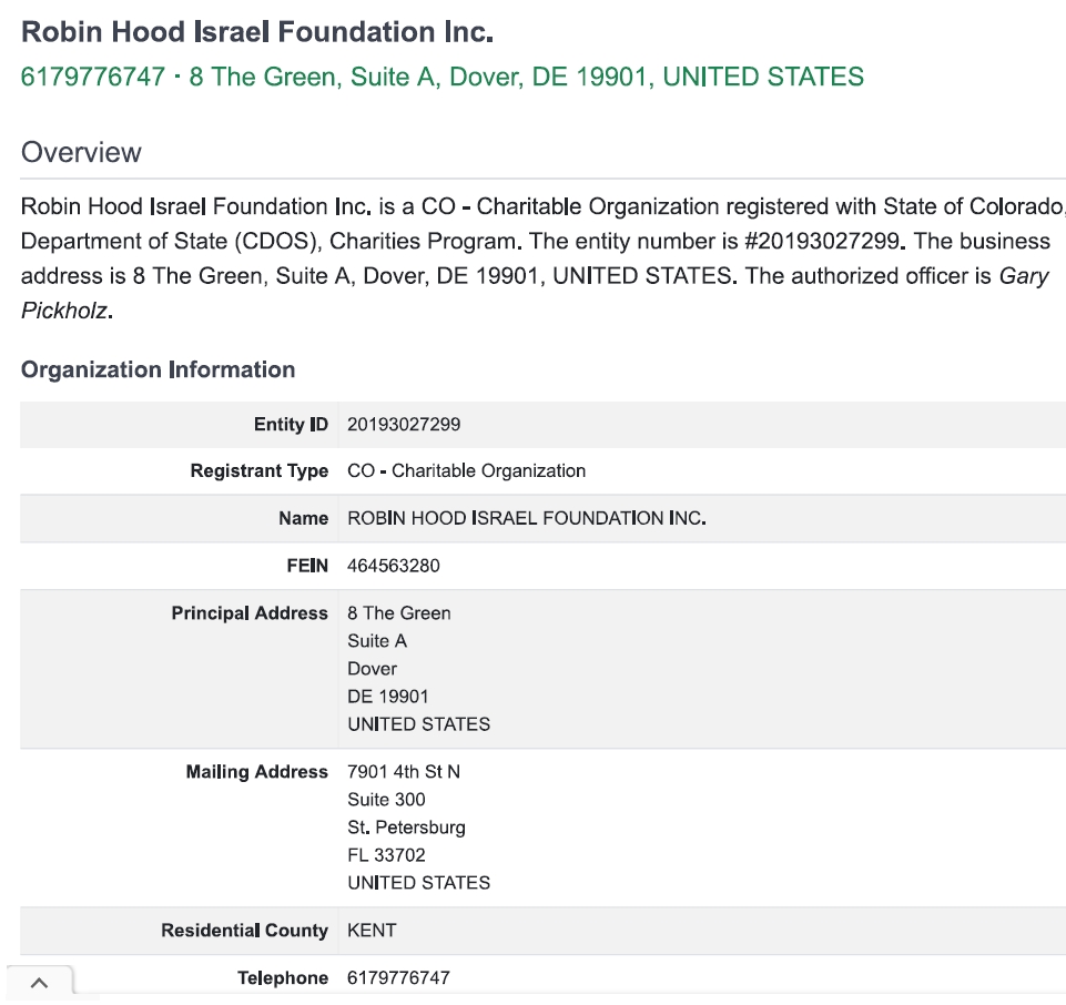 Robin Hood Israel Foundation Registered in Colorado and Delaware