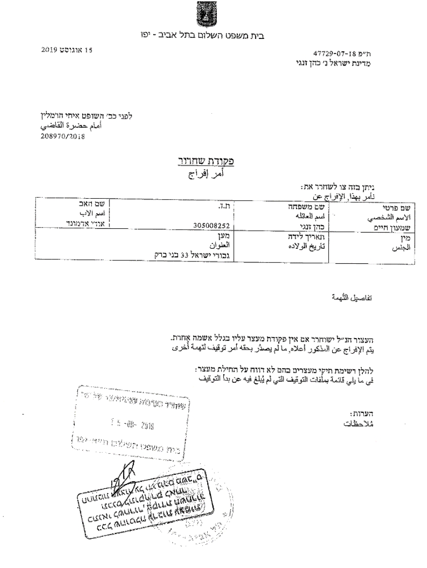 פקודת שחרור של שמעון כהן זנגי איתי הרמלין 15-8-2019