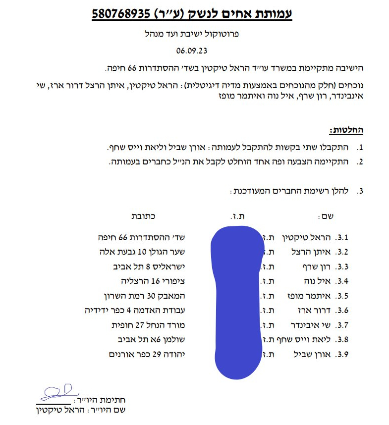 עמותת אחים לנשק פרוטוקול ועד מנהל עם כתובות פעילים 6-9-2023