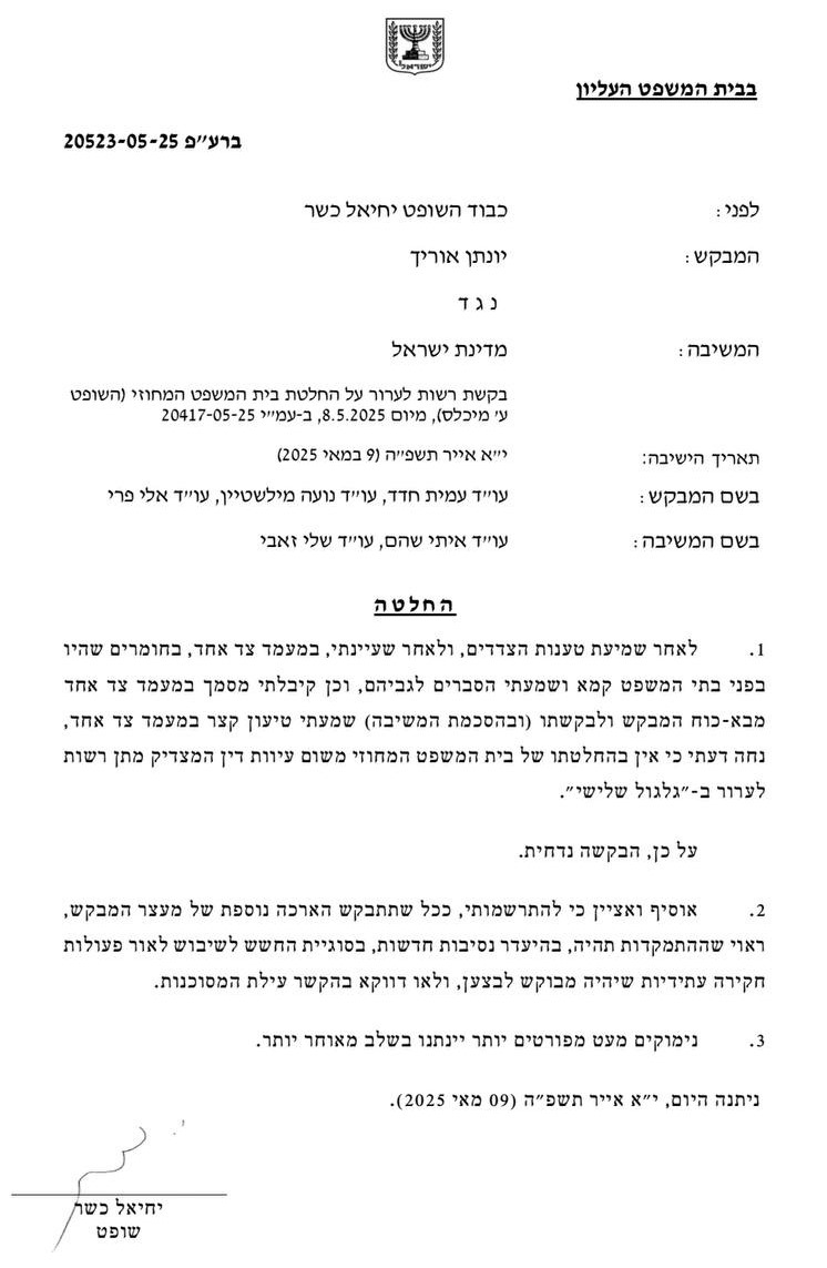 החלטת יחיאל כשר הארכת מעצר לאוריך 20523-05-25