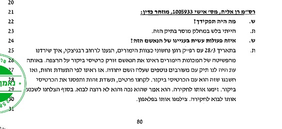 עדות השוטר רן אליה מס אישי 1005933 על חיפוש זונות