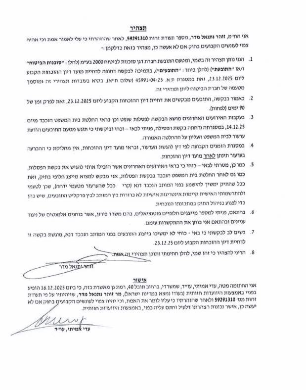 תצהיר זוהר מדר רוצה לפטר את אמיר אלטשולר כי הוא נכשל בייצוג